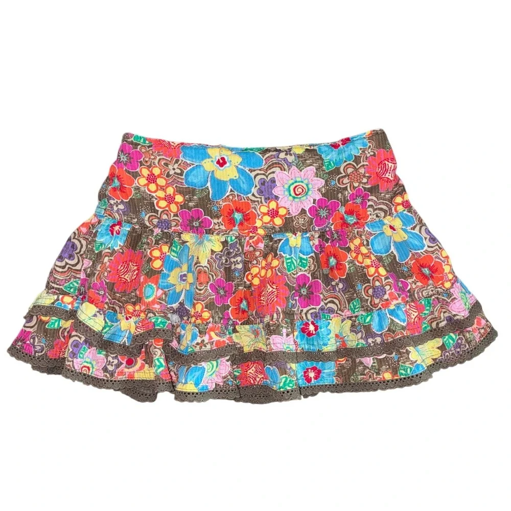Childrens Place Girls Brown Floral Tiered Ruffle‎ Skort 6 Lace Trim Boho Kidcore